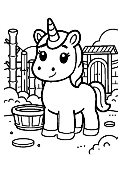 Unicornio junto a un cuenco de piedra y una cesta de bambú en un jardín tranquilo.