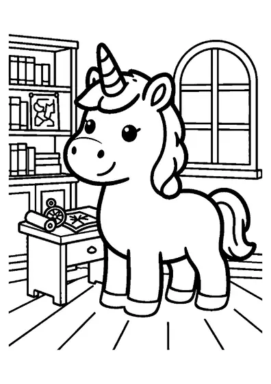 A unicorn stands in a cartographer’s workshop beside a table holding a nautical map and compass.