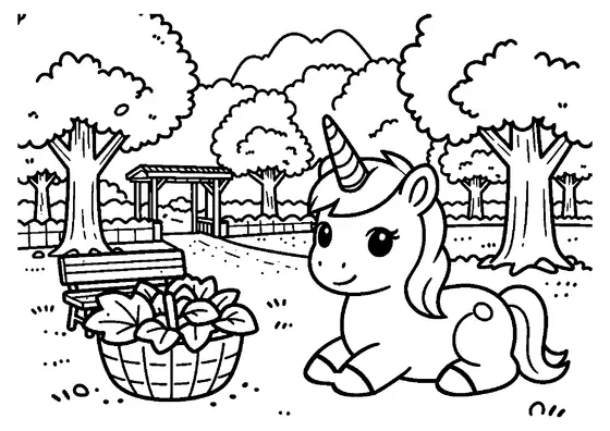 Une licorne se repose dans un arboretum près d’un panier de feuilles et d’un banc en bois.