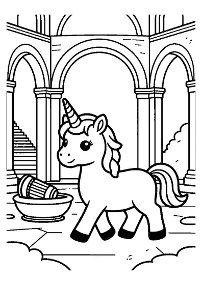 Une licorne traverse un cloître couvert de mousse près d’une vasque en pierre.