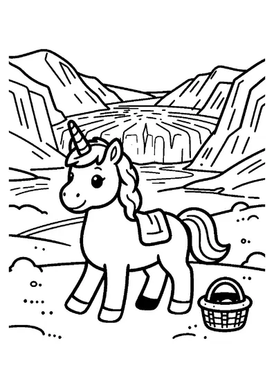 Une licorne traverse une vallée glaciaire près d’un panier tressé et d’une couverture.