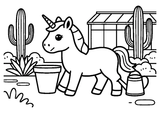 Un unicornio caminando por el sendero de un invernadero entre cactus gigantes y agaves.