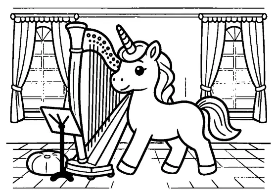 A unicorn in a palace music room beside a large harp and floating musical notes.