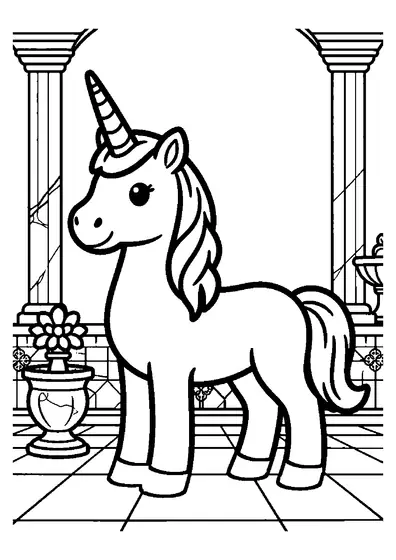 A unicorn surrounded by marble statues and decorative planters on a palace patio.
