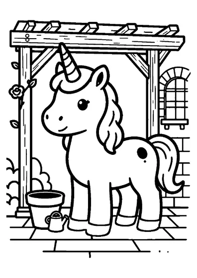 A printable picture of a unicorn beneath a garden pergola covered in roses, with a watering can nearby.