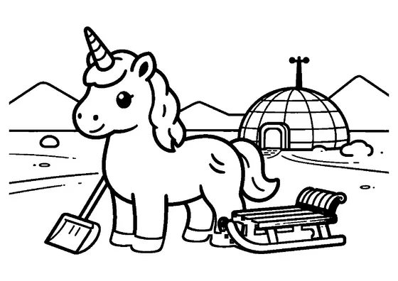 A unicorn stands in a snowy landscape beside an ice igloo and polar expedition flags.