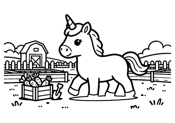A unicorn standing beside garden beds filled with growing carrots.