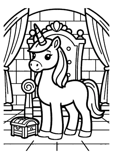 Un unicorno in piedi accanto a un trono elegante su una pedana rialzata.