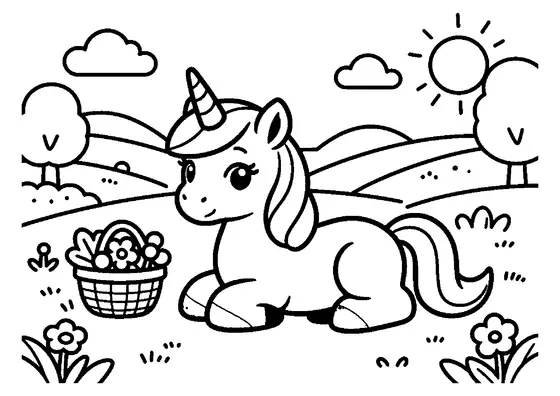 A unicorn lying down in a meadow beside a basket of flowers and a broad leaf.