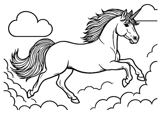 Un unicornio corre sobre nubes esponjosas con la crin y la cola al viento en un dibujo infantil de contornos definidos para imprimir.