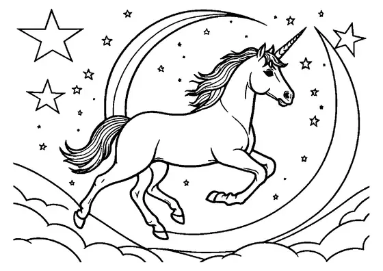 Unicornio corriendo por el cielo nocturno ante una gran luna creciente, nubes y estrellas brillantes, con amplias zonas para colorear.