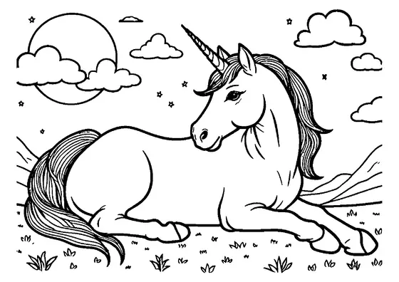 Un unicornio descansa en la hierba bajo la luna llena y un cielo nocturno con nubes, con grandes espacios despejados para colorear.