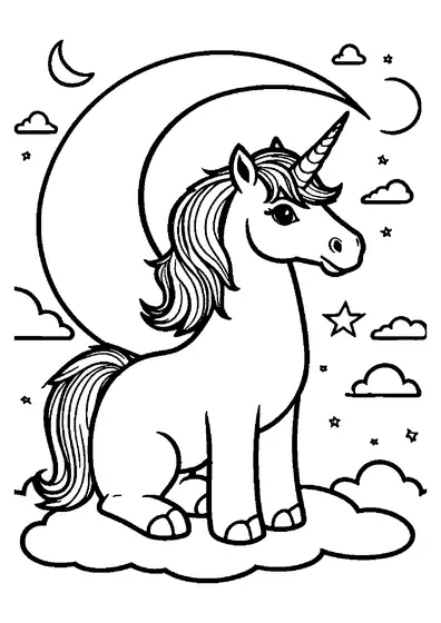 Unicornio sentado sobre una nube bajo una gran luna, rodeado de estrellas y nubes, en un bonito dibujo infantil para colorear.