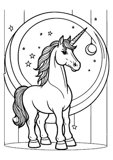 Un unicorn stă în fața unei secere uriașe de lună și a stelelor strălucitoare, având spații mari perfecte pentru colorat.