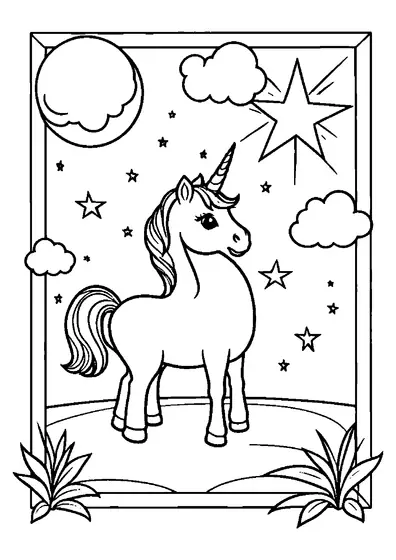 Un unicorn stă în picioare sub un cer nocturn plin de stele, nori, o lună mare și mici smocuri de iarbă.