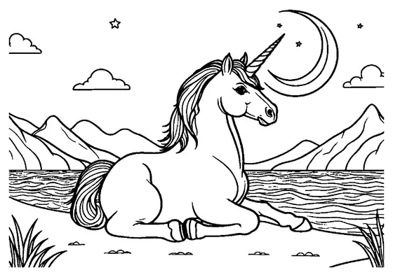 Un unicorn șade pe țărm sub o lună în creștere și stele, privind apa și munții, având spații mari pentru colorat.