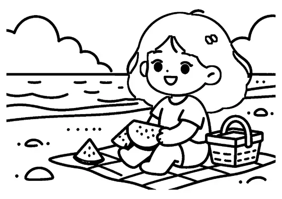 Una niña sentada junto a una cesta y una tajada grande de sandía en la playa.
