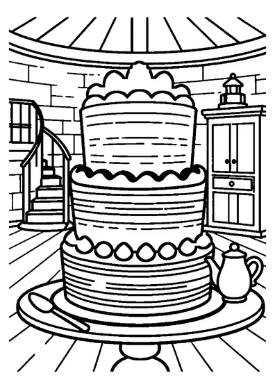 Großer Kuchen auf dem Tisch im Esszimmer des Leuchtturmwärters, mit Tortenheber, Teekanne, Wendeltreppe, Schrank und Dielenboden.