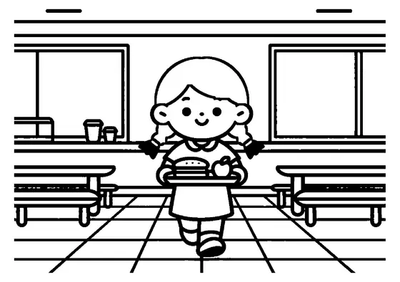 Una niña lleva una bandeja con un bocadillo en el comedor escolar.