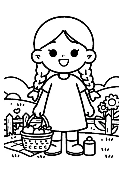 O fată zâmbitoare, cu părul împletit, ține un coș de picnic din nuiele în fața florilor-soarelui și a unui gard.