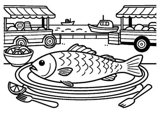 Gegrillter Fisch auf einer Hafentheke, mit Zitronen und Gabel, dahinter Kisten, Boote, Wellen und Stützen des Vordachs.