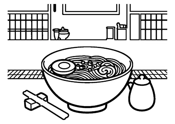 Traditionelle Ramen-Schüssel mit Nudeln und Beilagen auf einer Bambusmatte