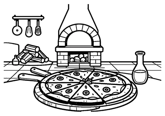 O pizza crocantă se află pe un suport din lemn, în fața unui cuptor din cărămidă, în interiorul unei pizzerii.