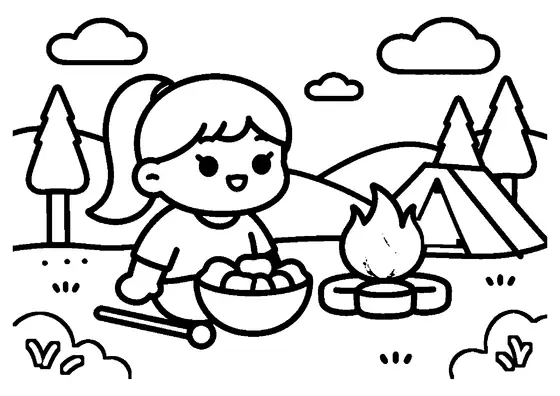 Una niña sentada junto a la fogata con un cuenco grande de nubes en un campamento.