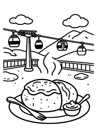 Ofenkartoffel mit Beilagen auf der Terrasse einer Bergstation, dahinter eine Seilbahn und verschneite Gipfel.