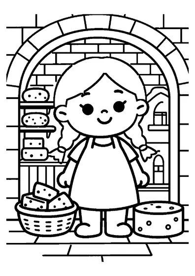 Una niña junto a una cesta de quesos en una bodega de piedra.