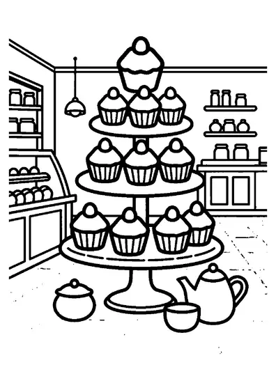 Μια πολυώροφη βάση γεμάτη διακοσμημένα cupcakes μέσα σε γυάλινη βιτρίνα αρτοποιείου.