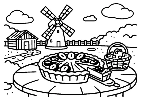 Große Blaubeertarte im Hof einer Mühle, daneben Tortenheber und Korb, im Hintergrund eine Windmühle und ein Mehllager.