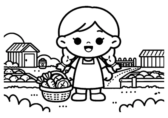 Una niña con una cesta de verduras está entre los bancales de un huerto.