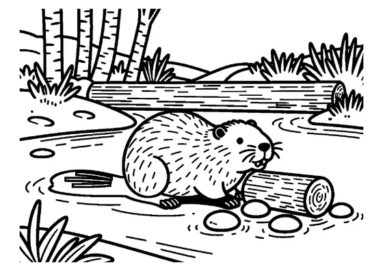 Ilustrace s bobrem stojícím na břehu lesního potoka u dřevěné hráze.