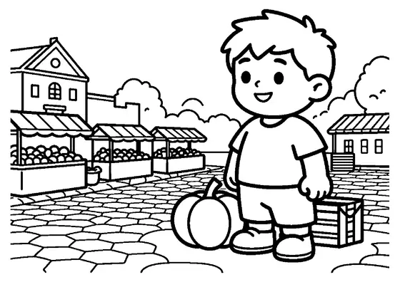 Un niño lleva una cesta de calabazas junto a los puestos de un mercado en una plaza urbana durante el otoño.