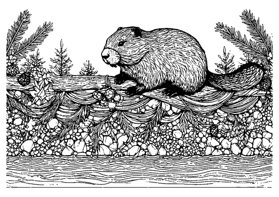 Castor a montar uma barragem decorativa com ramos, pinhas, fitas e estrelas sobre um riacho de inverno.
