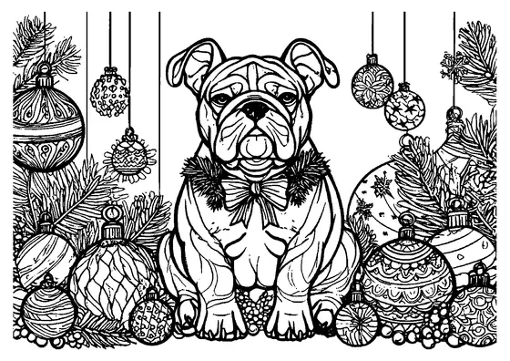 Um bulldog com uma gola decorativa está sentado entre grandes bolas, ramos de pinheiro e fitas.