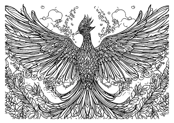 Um fénix majestoso estende as asas com folhas de ácer, carvalho e castanheiro.