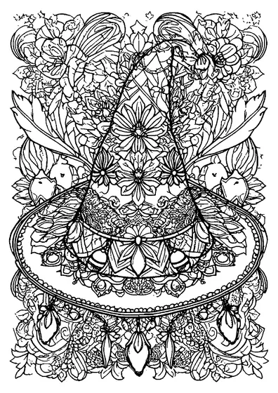 Um enorme chapéu de bruxa decorado com flores de outono, folhas, luas e cristais.