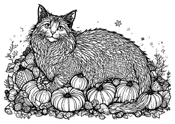 Um gato fofinho está a descansar sobre uma pilha decorativa de abóboras rodeado por folhas e lanternas.