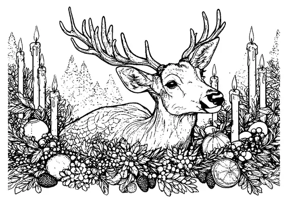 Uma corça de perto, junto a uma decoração de Natal rica em velas, pinhas, ramos e frutos de inverno.