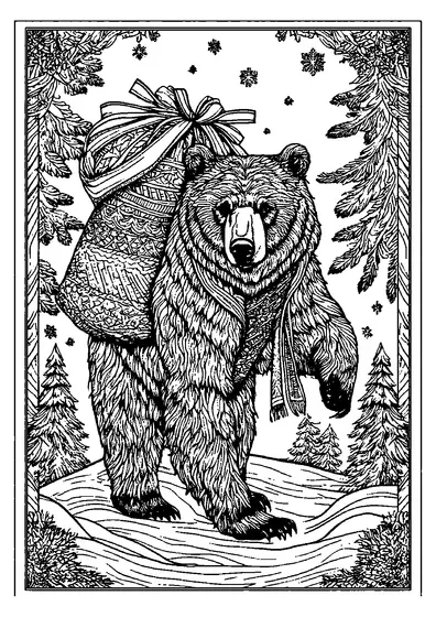 Um urso grande carrega um saco decorado de presentes através de uma floresta de inverno cheia de flocos de neve, estrelas e pinheiros.