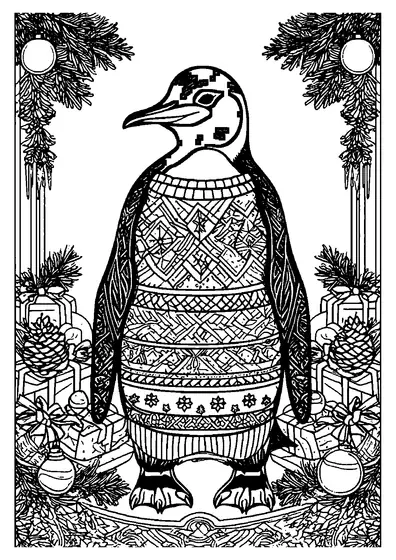 Um pingüim grande num suéter cheio de estrelas está rodeado por bolas de Natal, flocos de neve, ramos de pinheiro e presentes.