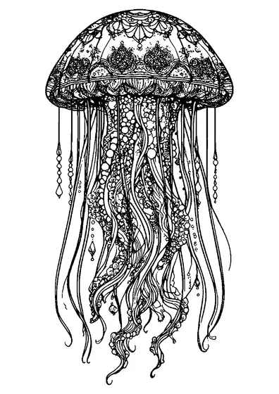 Uma medusa fantástica nada entre estrelas subaquáticas, pérolas e decorações semelhantes a bolas de Natal.