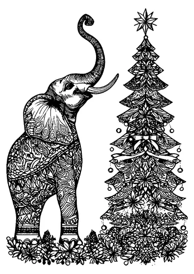 Um elefante grande pendura estrelas e bolas num pinheiro denso e coberto de neve.