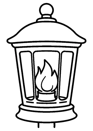 Um farol grande e alto em um poste curto e largo, com uma chama visível.
