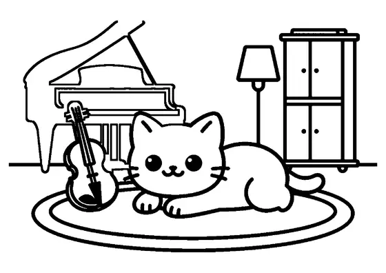 Un chaton joyeux allongé sur un tapis moelleux près d'un piano et de partitions dans un salon de musique.