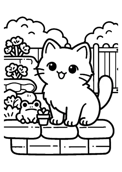 A tiny kitten posing on a low stone wall surrounded by rock garden plants.