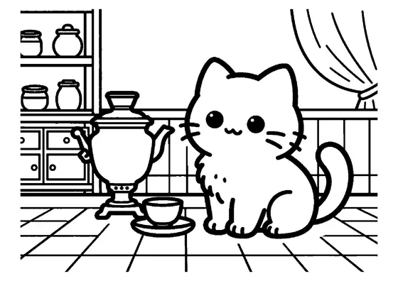 Un chaton tout doux est assis à une table près d'un samovar brillant et d'une tasse de thé.