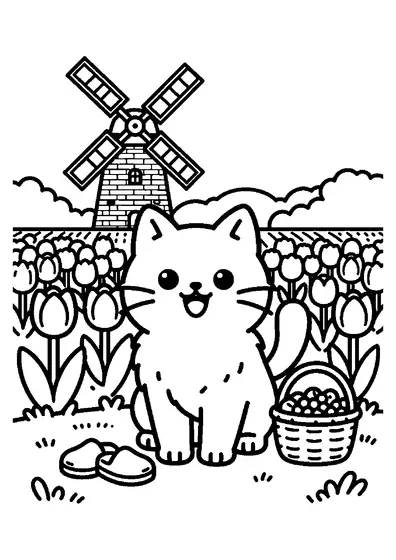 Un chaton souriant se tient parmi les tulipes devant un moulin traditionnel.